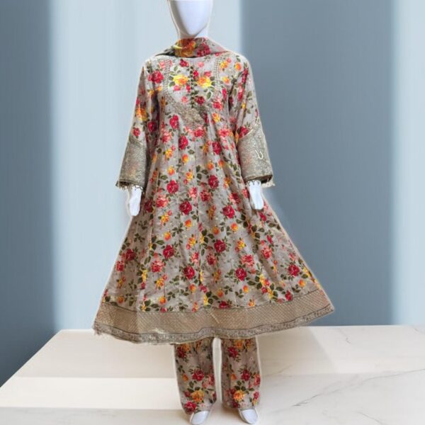 3 PC Sequin Embroidered Slub Lawn Frock (Pret)