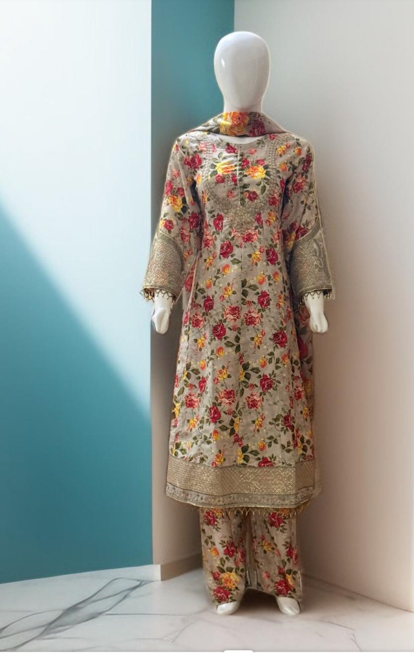 3 PC Sequin Embroidered Slub Lawn Frock (Pret)