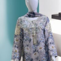 3 PC Embroidered Slub Lawn with applique patches (Pret) - Image 4