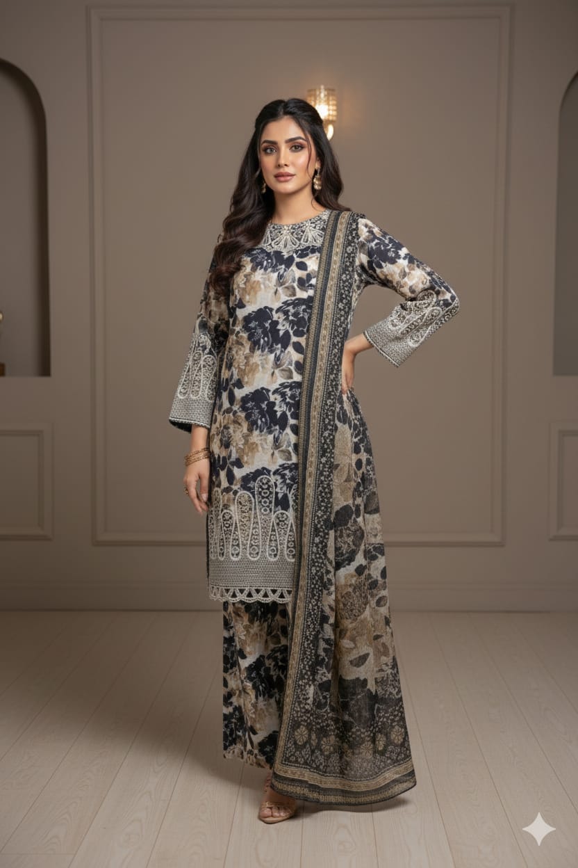3 PC Boring Embroidered Slub Lawn (Pret) - Image 4