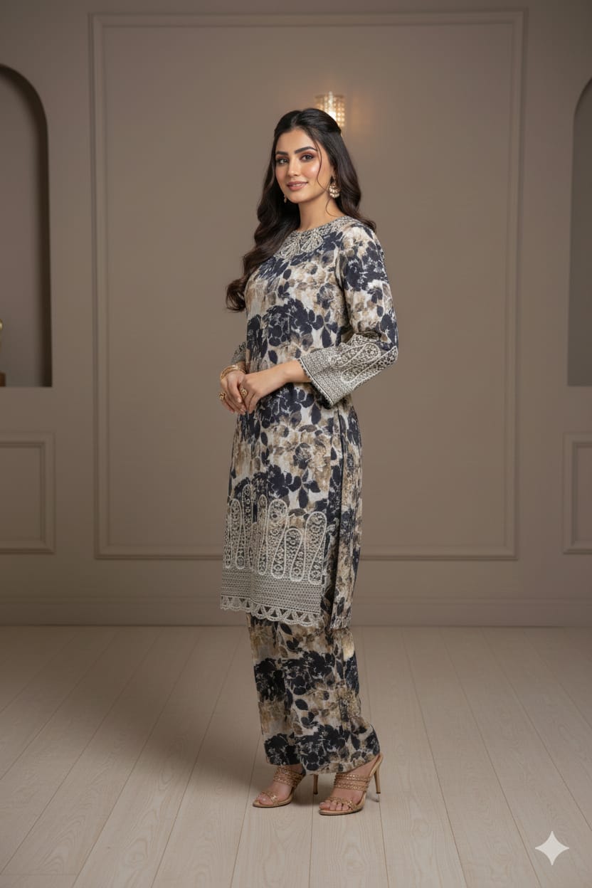 3 PC Boring Embroidered Slub Lawn (Pret)
