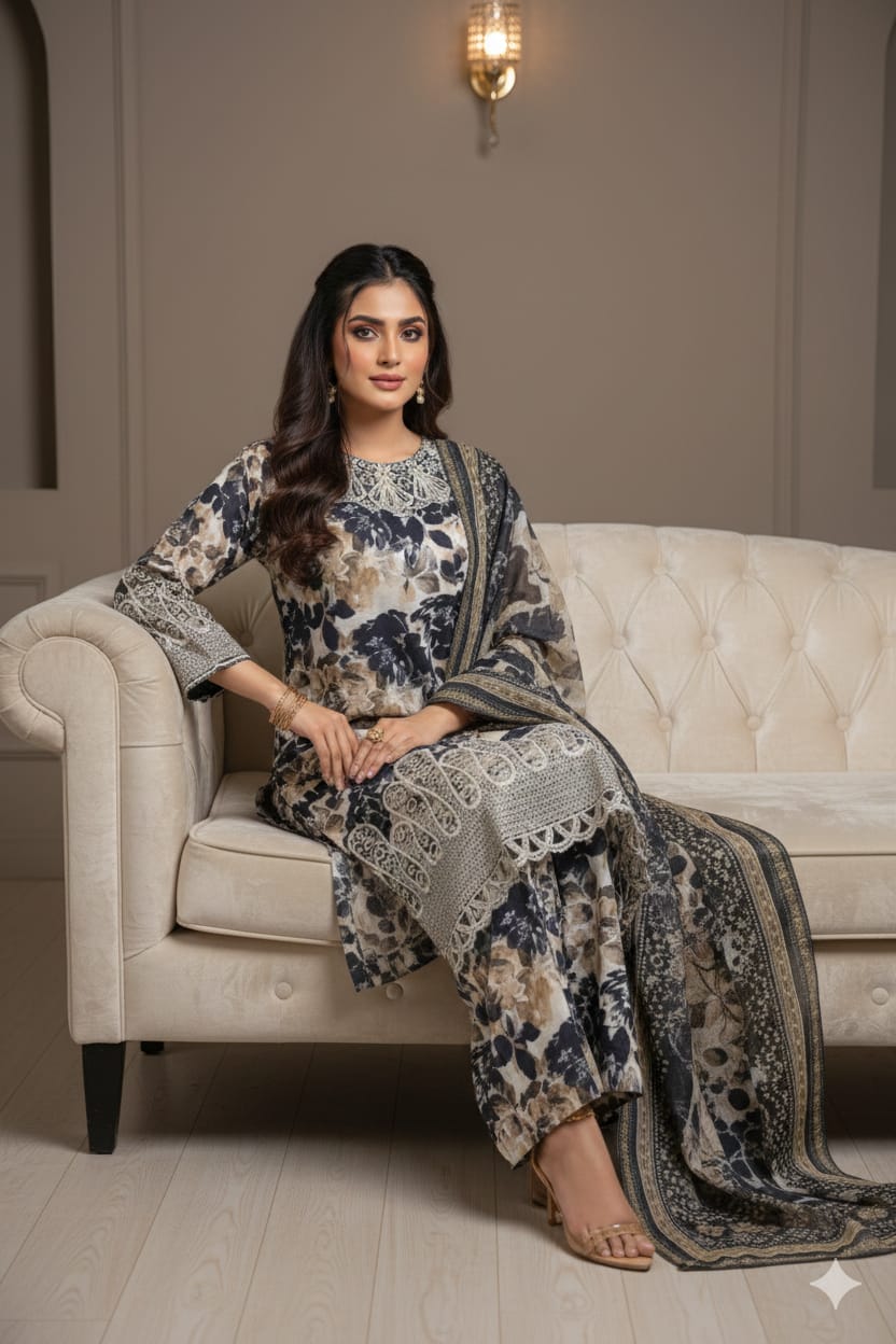 3 PC Boring Embroidered Slub Lawn (Pret) - Image 3