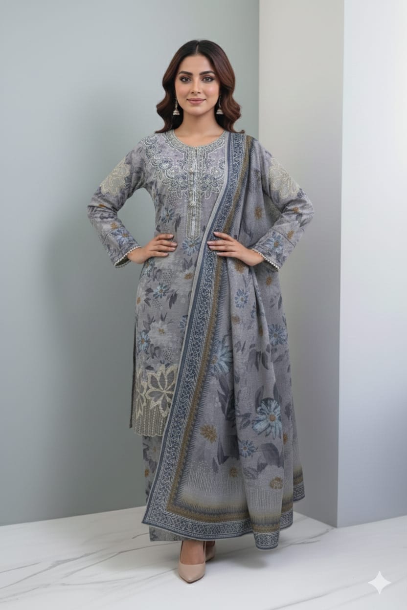 3 PC Embroidered Slub Lawn with applique patches (Pret) - Image 4