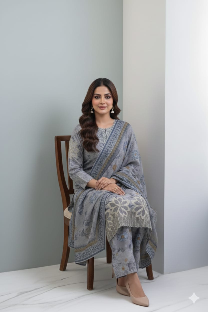 3 PC Embroidered Slub Lawn with applique patches (Pret) - Image 3
