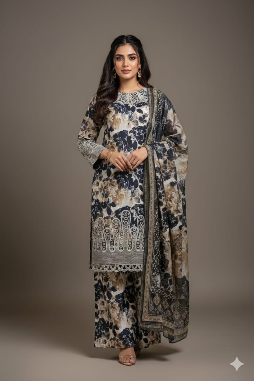 3 PC Boring Embroidered Slub Lawn (Pret)