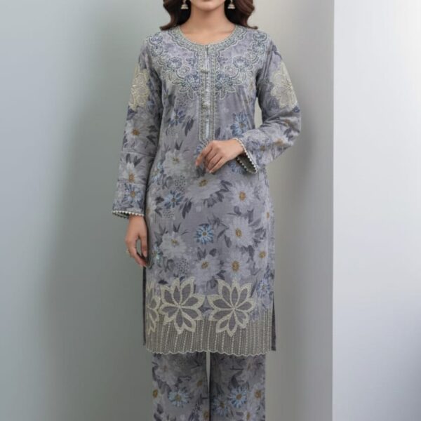 3 PC Embroidered Slub Lawn with applique patches (Pret)