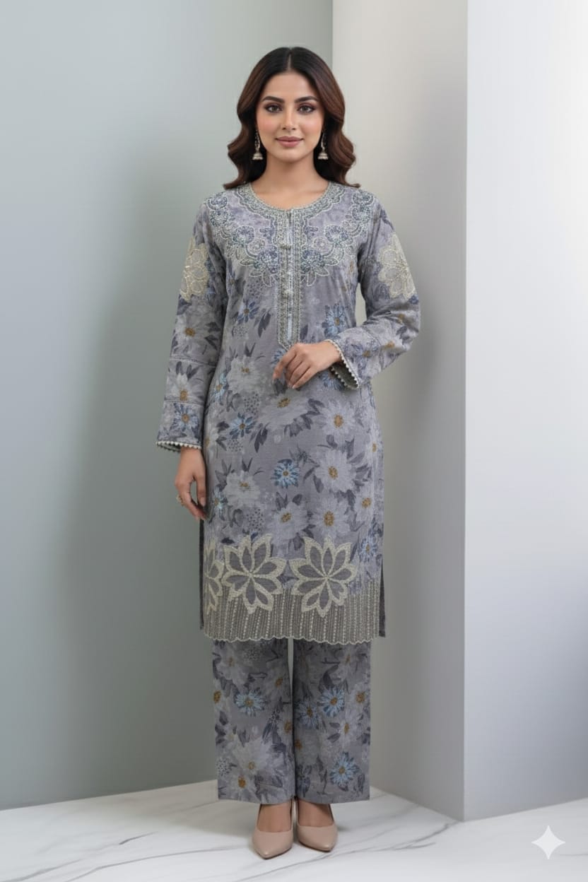 3 PC Embroidered Slub Lawn with applique patches (Pret)