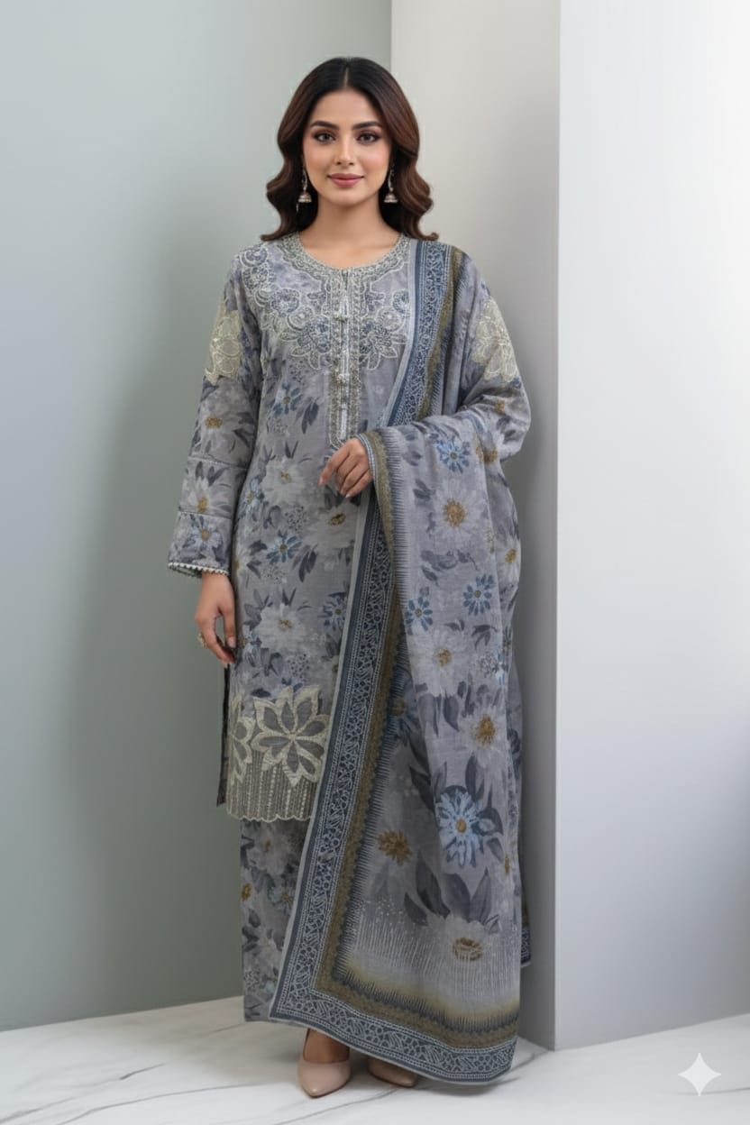 3 PC Embroidered Slub Lawn with applique patches (Pret)