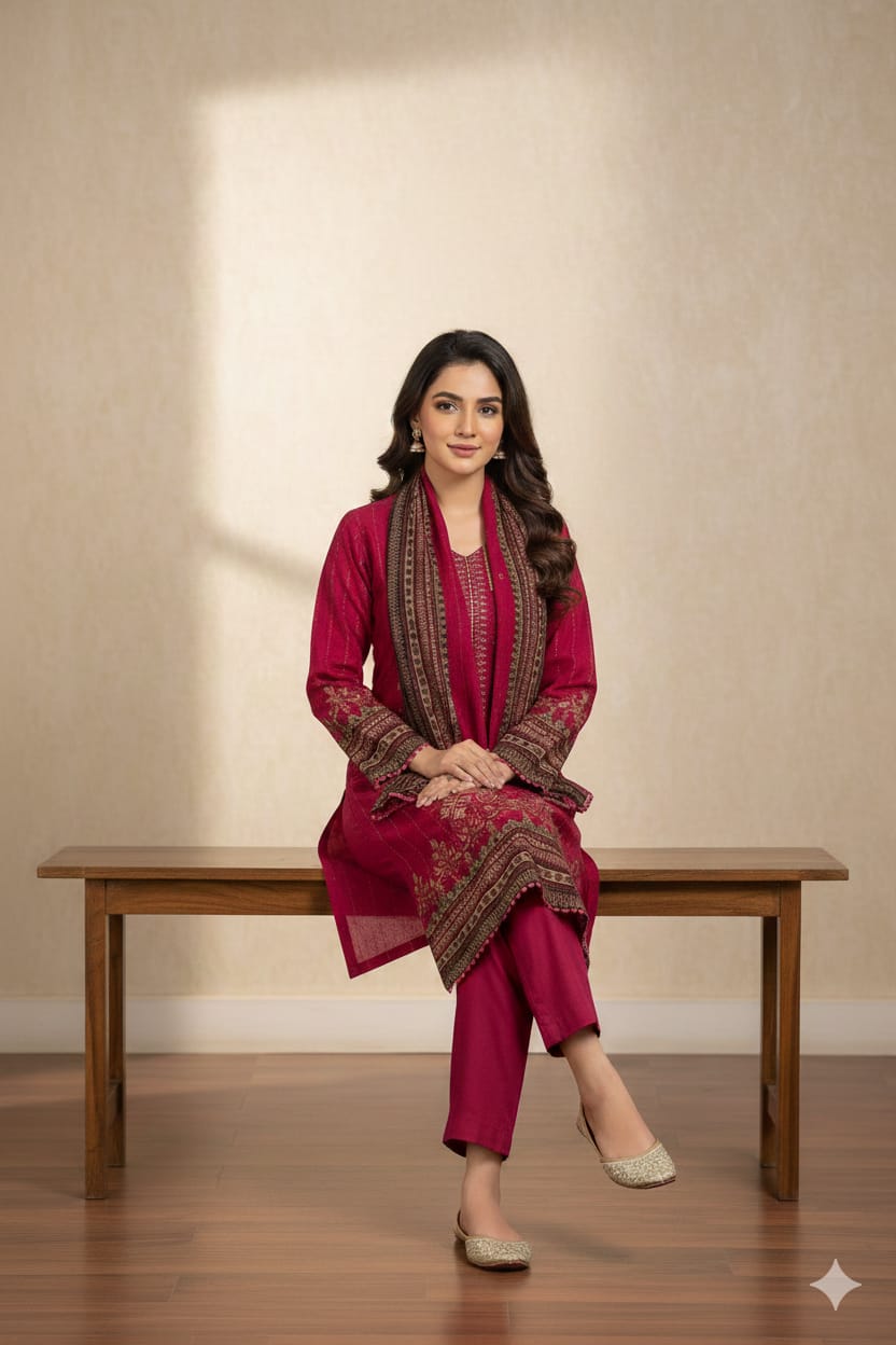 3 PC Embroidered Dhanak (Pret)